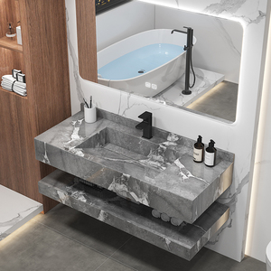 Lavabo de superficie sólida de mármol flotante doble moderno, lavabo integrado Rectangular para baño de Hotel - Product Image 2