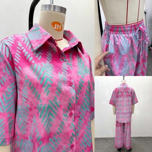 Conjunto de 2 Piezas para <span class=keywords><strong>Mujer</strong></span> Talla Grande, Estilo Africano, Camisa Holgada de Manga Corta con Cuello Solapa y Pantalones Anchos de Cintura Alta - Product Image 5