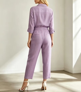 ALBBIA027 Ladies <b>Linen</b> <b>Two</b> <b>Piece</b> Set Long Sleeve Shirt High Waist Pants Solid Color Casual Summer Outfit Breathable Woven Fabric - Product Image 2