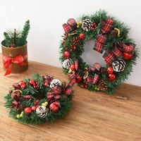 Karangan Bunga Natal 35cm 45cm Dengan Pita Kotak-kotak Kapas Kerucut Pinus Karangan Bunga Gantung Pintu Depan Dekorasi Rumah Natal