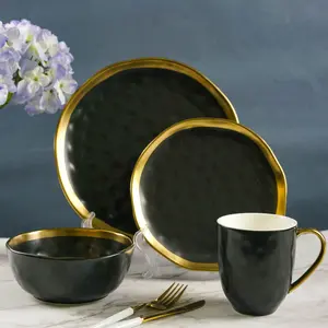 Набор из 16 предметов, роскошная керамическая посуда в скандинавском стиле с золотым и черным матовым покрытием