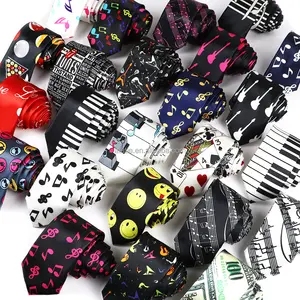 Music Notes Piano Keys Guitar Printed Neck Tie 5cm Slim Men Kids Tie Polyester Skinny Party Tuxedo Parent-Child Gift Accessory