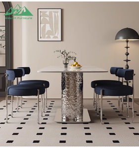 Table à manger Wayon en pierre frittée de luxe avec base en acier inoxydable miroir à effet d'ondulation de l'eau, table moderne haut de gamme pour hôtel et villa - Product Image 2