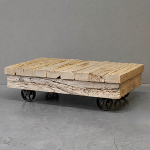 Rustic Weathered Wooden Coffee <b>Table</b> with Metal Wheels <b>Reclaimed</b> Chinese Wood Country Style Living Room Furniture - Product Image 1