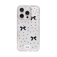 Funda Transparente Brillante para Forlphone16, Funda Negra con Lazo de Lunares para Forlphone14, Simple para Lphone13, Estilo Japonés y Coreano