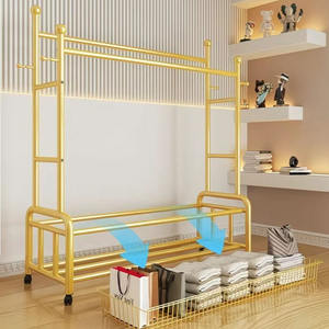Porte-vêtements moderne à double barre sur roulettes, en fer doré, multifonctionnel, meubles de maison pour hôtel, école, centre commercial, maison - Product Image 3