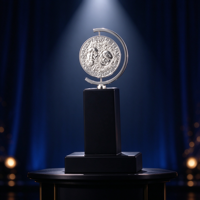 Trophée de théâtre personnalisé en alliage de zinc avec base noire et plaque métallique rotative personnalisée pour événement scénique