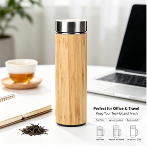 Termo de Viaje Moderno de 350 ml con Cubierta de Bambú, Botella Térmica de Doble Pared de Acero Inoxidable 304, Taza de Té Aislada con Filtro Infusor de Té - Product Image 1