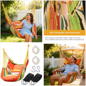 <b>Hammock</b> Chair Hanging Rope <b>Swing</b>,Hanging Chair with Pocket,Cotton Weave for Superior Comfort & Durability for Outdoor - Product Image 4