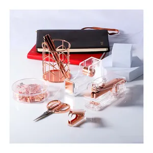 Set Organizer Meja Akrilik Bening Rose Gold Plastik Logam Estetika Multifungsi dan Aksesori untuk Kantor