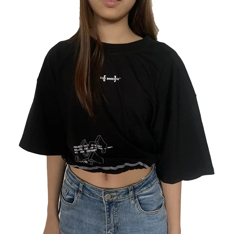 Moda tasarımı 100% pamuk asit yıkama kadın t-shirt bayanlar yaz kırpma üst t shirt elastik kordon