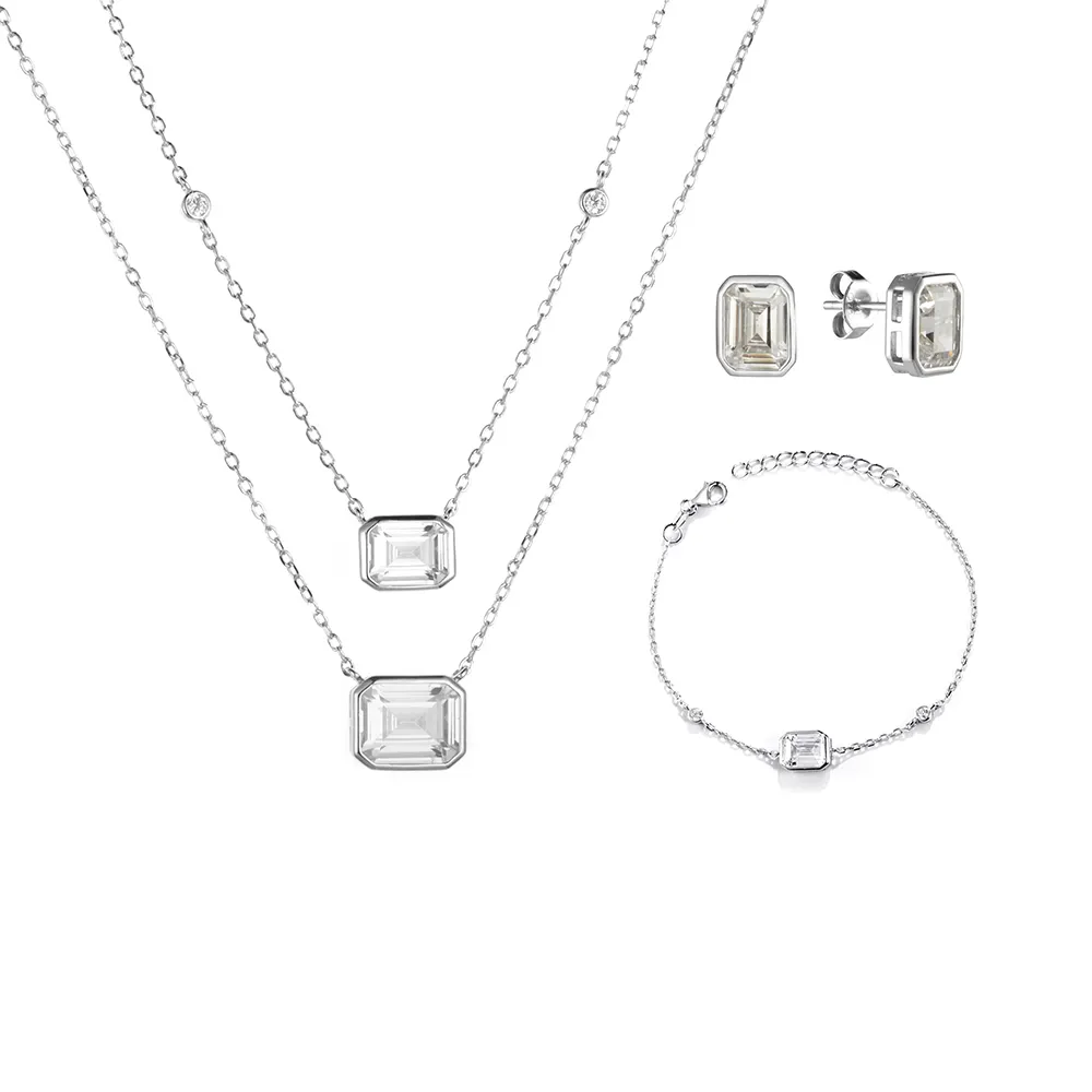 Bezel Thiết Lập Một Đá CZ Sterling Silver 925 Phụ Nữ Đồ Trang Sức Vòng Đeo Tay Trang Sức Set Vòng Cổ Và Bông Tai