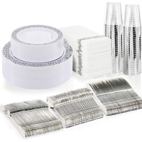 Ensemble de vaisselle de fête avec bordure dorée/argentée, vaisselle de qualité alimentaire PS, assiettes, tasses, serviettes, verres à vin, couverts, 75 pièces