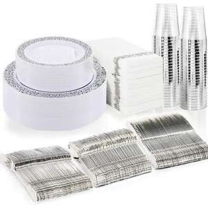 Juego de Vajilla Dorada para Fiestas: Platos, Servilletas, Vasos con Borde Dorado y Plateado, Juego de Vajilla, Copas de Vino, Cubiertos, Platos Calados - Product Image 3