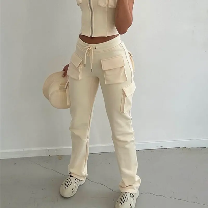 New 2022 Fashion Women's Sets French Terry Zip Up Sleeveless Cargo 3d Pockets Co Ord Jogger Two Piece Pants Set for Women