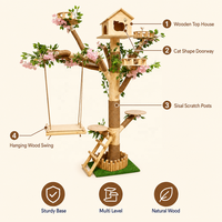 Arbre à chat en bois naturel, tour d'escalade multi-niveaux pour chat, avec porte en forme de chat, poteaux en sisal et balançoire, mobilier d'intérieur pour animaux de compagnie