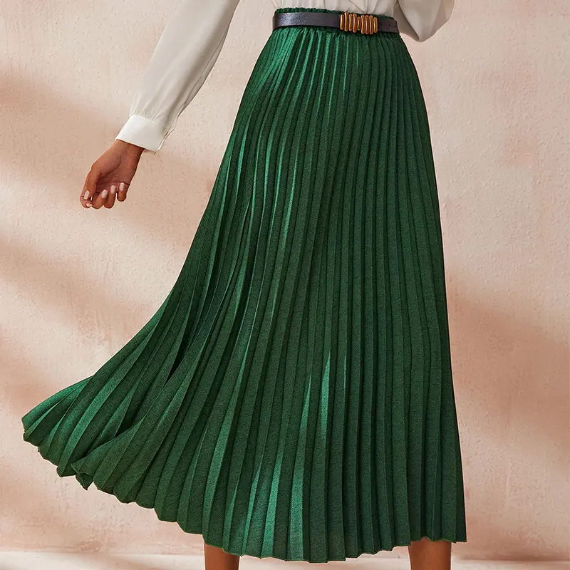 Ladies Casual Blank Green Summer Elastic high Waist Long skirts Pleated Skirts for women