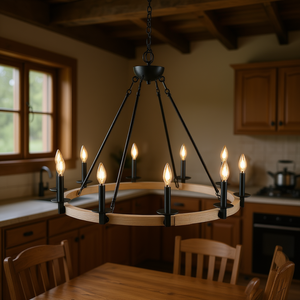 Lustre rustique de style farmhouse à 10 lumières, en métal noir et bois, luminaire suspendu rond pour salle à manger, cuisine, E26 - Product Image 2
