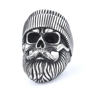 Unisex Stainless Steel Jewelry Punk Big Have Old Man Motorcycle Rider Biker Stylish Beard Wear Hat Skull Men's Ring Biker
