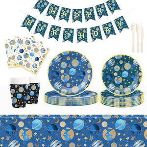 DAMAI - Vajilla Personalizada con Temática Espacial Azul Oscuro, Platos de Papel Desechables para Fiestas con Juego de Vajilla con Plantas - Product Image 1