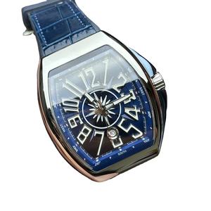 Montre mécanique pour homme avec cadran bleu, bracelet en cuir, résistance à l'eau, affichage lumineux des chiffres romains - Product Image 1