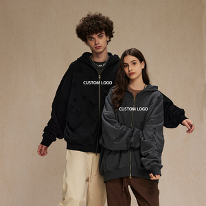 Nouvelle collection hiver : Sweat-shirt unisexe vintage en coton 450 g/m² brodé, délavé et vieilli, coupe oversize, style streetwear, avec fermeture éclair, personnalisable pour homme. - Product Image 1