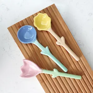 Solhui Ins-cuchara de café de cerámica sólida en forma de tulipán, cucharas de helado para el desayuno, postre