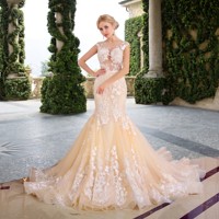Robe de mariée sirène en dentelle avec traîne chapelle, style bohème royal, en polyester/coton anti-plis, avec queue de poisson détachable