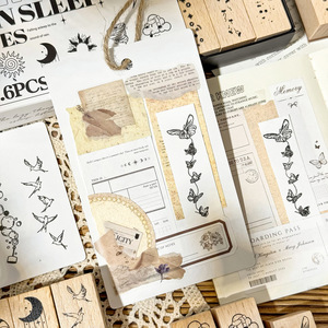 Set di 6 Timbri in Legno con Motivi Meteo e Natura, Luna, Sole, Rondine, Fiori, Timbri Decorativi per Diari e Scrapbooking - Product Image 3