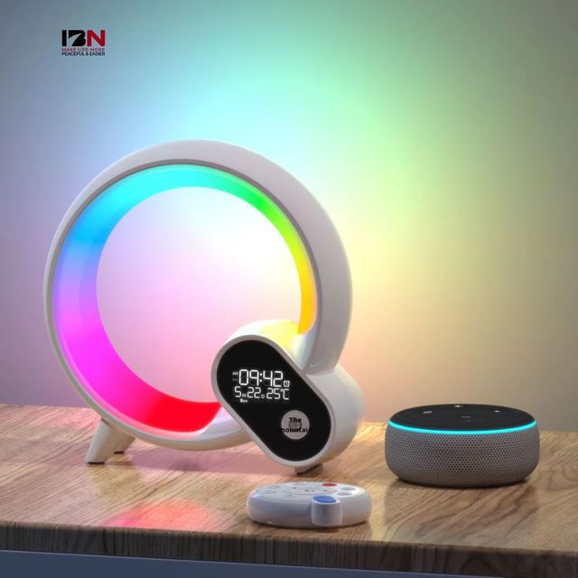 IBN Customizable Automatic Q Shape RGBW Ambient Light BT Speaker White Noise Alarm Clock 12 Nature Sounds Home Bedroom Bulk