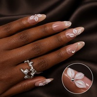 Faux Ongles Minimalistes Personnalisés à Presser, Amande, Pétale 3D Argent Blanc, Gel Brillant Nude, Élégants, Vente en Gros OEM