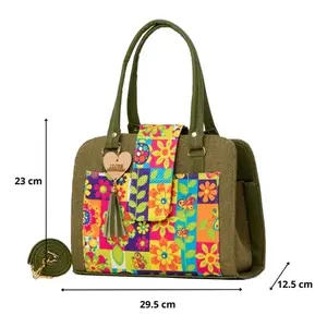 Sac de shopping en jute vert olive pour femme Fana Elsa, grand motif floral, double poignée supérieure, fermeture à fermoir, usage adulte - Product Image 3