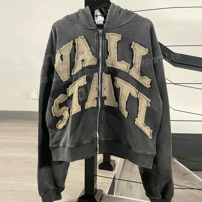 Street Wear Custom Oversized Black Acid Wash 100 Cotton Zip Up Mens Patchwork Zipper Hoodies