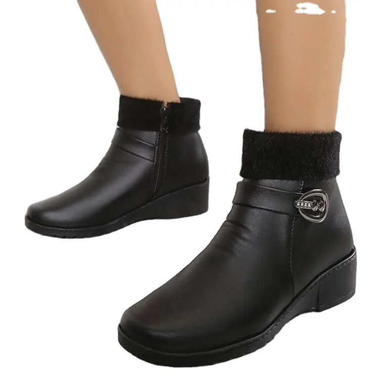 Custom Design Schwarzes Leder Mid Heel OEM Hersteller Direkt Winter Damen Damen Ankle Boot Stiefel für Damen Wildleder Wedges
