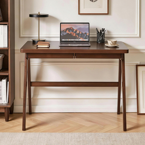 Scrivania per Computer in Legno Massello di Gomma, Stile Retrò Noce, con Cassetto e Gambe a Telaio a T, 100x55 cm, Design Robusto per Casa - Product Image 5