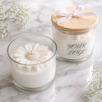 Bougie personnalisée avec logo LF, couvercle en bois, pot en verre, fleur de marguerite, parfum floral, cadeau, souvenir de mariage, étiquette personnalisée, marque propre, décorative