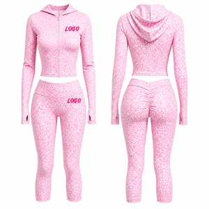 Abbigliamento Y2K per Donne, Tuta a Due Pezzi con Logo Personalizzato, Motivo Leopardato Rosa, <span class=keywords><strong>Giacca</strong></span> con Cappuccio e Pantaloni Coordinati - Product Image 1