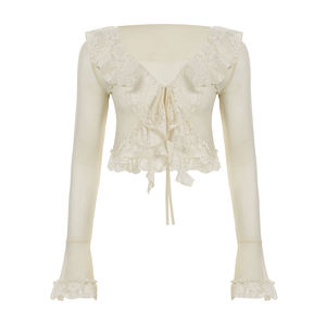 Cárdigan de punto transpirable con encaje dulce y estampado digital para mujer, con lazo de cinta, volantes, estilo Y2K Kawaii, bolero transparente, top informal. - Product Image 6