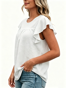 Top casual da <span class=keywords><strong>donna</strong></span> con maniche arricciate bianche, girocollo, morbido e traspirante, camicetta estiva, per uso quotidiano, leggera ed elegante - Product Image 2