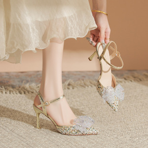 Heeled <b>Sandals</b> Pointed Toe Stiletto Heel High Heel Mixed Colors <b>Bow</b> Decoration Fashion Trend Women's Shoes - Product Image 4