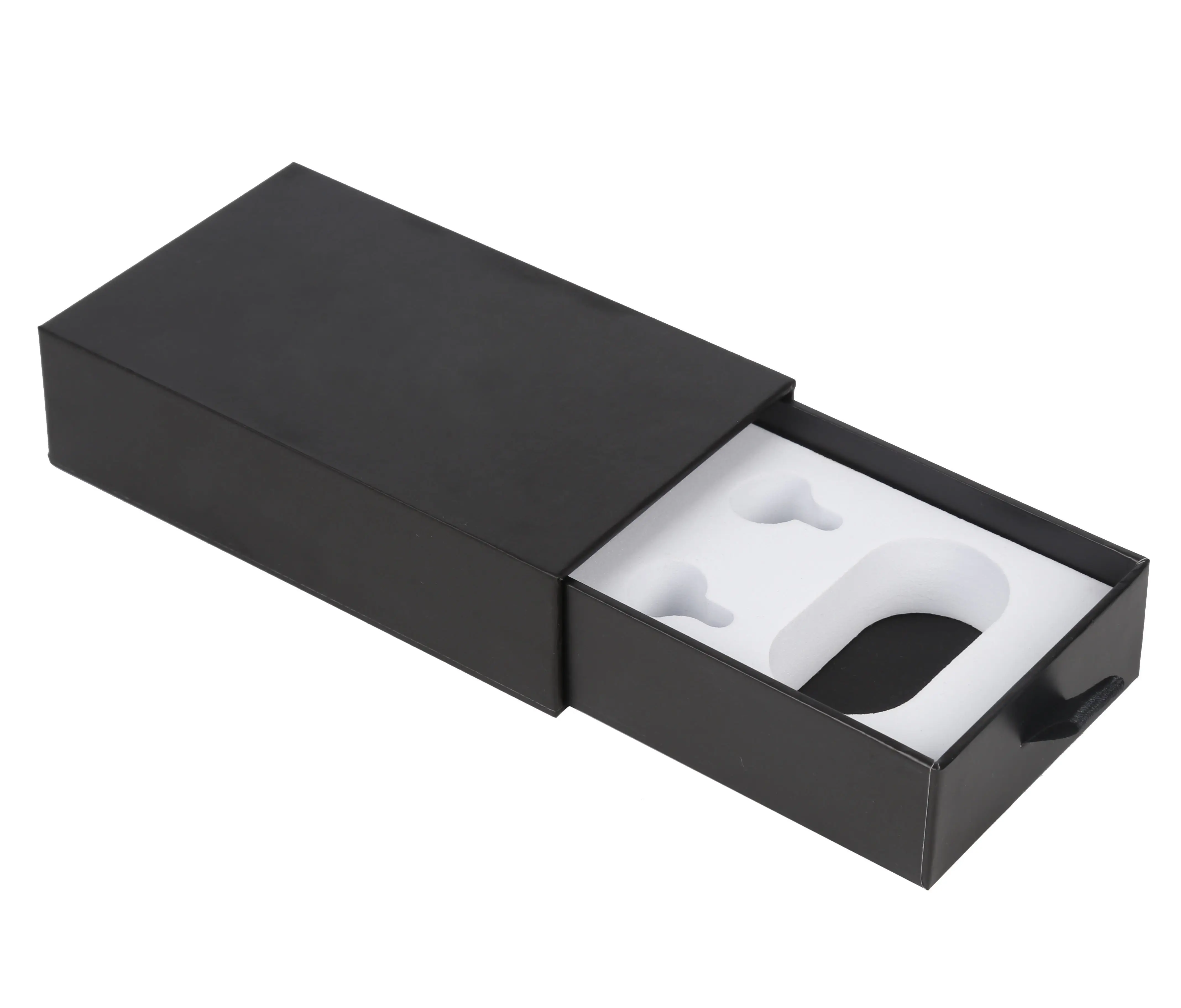 Özel çekmece siyah kağıt ambalaj kutusu moda kulaklık kulakiçi kulaklık kutuları EVA köpük ek