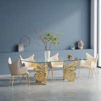Ensemble de table à manger moderne de luxe, table à manger en acier inoxydable doré en forme de papillon, plateau en verre trempé