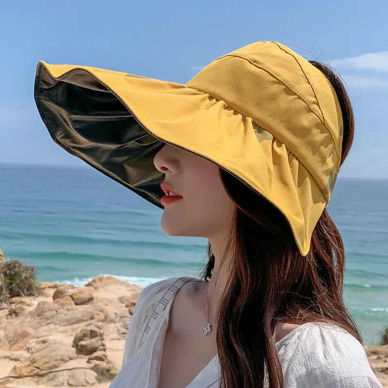 Black Glue Summer Big Brim Anti-Ultraviolet Folding Sun Hat Wholesale Custom Women Visor Hat Cap Sun Visor