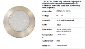 Luces LED Sumergibles para Piscina, 20W 30W IP68 316SS Ultra 8MM Planas DC12V RGBW, Resistentes al Agua Salada, Regulables, Blancas - Product Image 2