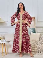 Robes de soirée de luxe islamiques en dentelle pour le Moyen-Orient et Dubaï, avec motifs floraux estampés, style mode