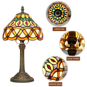 European Vintage Tiffany Stained Glass Table <strong>Lamp</strong> <strong>Peacock</strong> Feather Dome <strong>Shade</strong> E26/E27 Base Farmhouse Bedroom Bedside Electric - Product Image 3