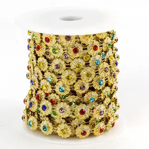 Ramo de mano de perlas doradas para boda, cadena de cuentas redondas, artesanal, materiales decorativos, 10 yardas por rollo