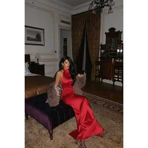 Robe trapèze rouge en satin avec décorations brodées de sequins et strass, taille XL, robe de soirée et de cérémonie ODM - Product Image 5