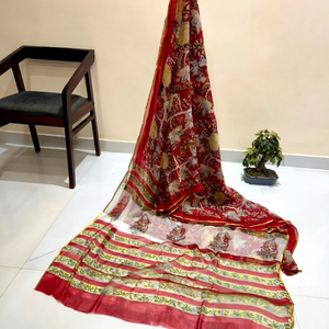Sari de Algodón Chiffon con Doble Estampado de Diamantes BAGRU BLOCK, Ligero, Elegante, Tradicional, Étnico, de Rajastán, para Todos - Product Image 1