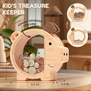 Hucha de madera para niños, caja de dinero transparente de doble cara con forma de animal de madera maciza, de 2 a 4 años - Product Image 2